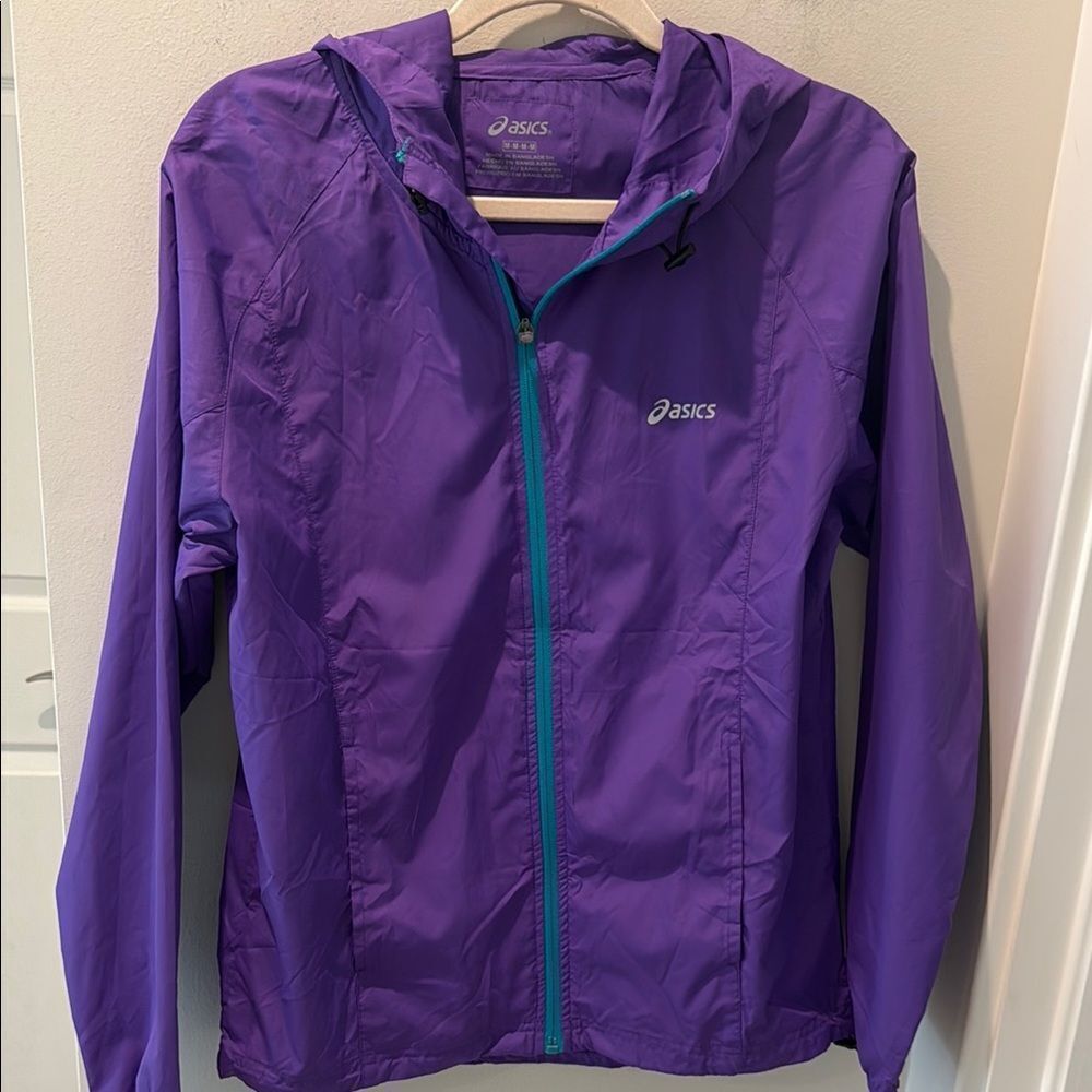 Asics Purple Windbreaker Jacket with Hood and Water-Resistant size medium